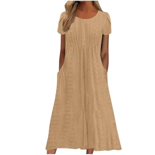 Damen Sommer Midikleid Kurzarm Lässig Strandkleid Lang Elegant Sommerkleid Knielang Tunika Kleider Luftig Leicht Shirtkleid mit Taschen Freizeitkleid Hohe Taille A Linie Kleid für Frauen von EMATOP