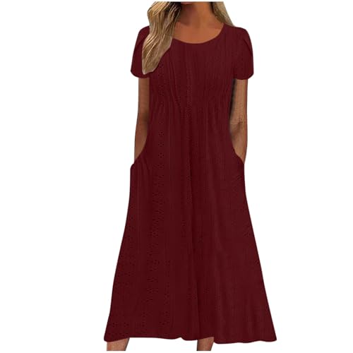 Damen Sommer Midikleid Kurzarm Lässig Strandkleid Lang Elegant Sommerkleid Knielang Tunika Kleider Luftig Leicht Shirtkleid mit Taschen Freizeitkleid Hohe Taille A Linie Kleid für Frauen von EMATOP