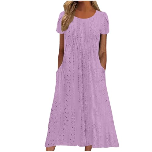 Damen Sommer Midikleid Kurzarm Lässig Strandkleid Lang Elegant Sommerkleid Knielang Tunika Kleider Luftig Leicht Shirtkleid mit Taschen Freizeitkleid Hohe Taille A Linie Kleid für Frauen von EMATOP