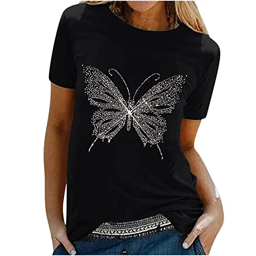 Damen Sommer Oberteil Schmetterling Drucken T-Shirt Lässig Pullover Rundhals Basic Kurzarm Tshirt Lose Elegant Sportshirt Schmetterling Muster Tunika Shirts von EMATOP