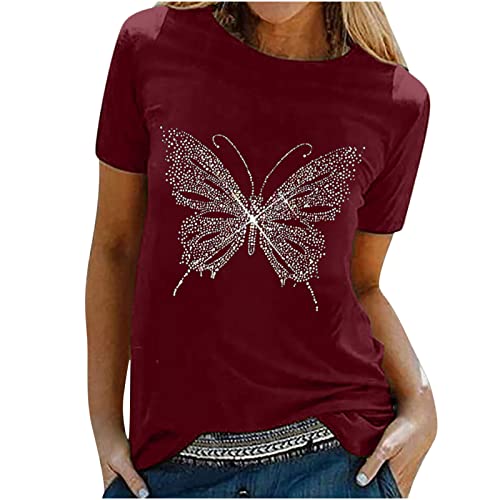 Damen Sommer Tops Lässiges T-Shirt mit Schmetterling Motiv O-Ausschnitt Kurzarm Loser Pullover Plus Size Baggy Tunika-Bluse Shirts von EMATOP