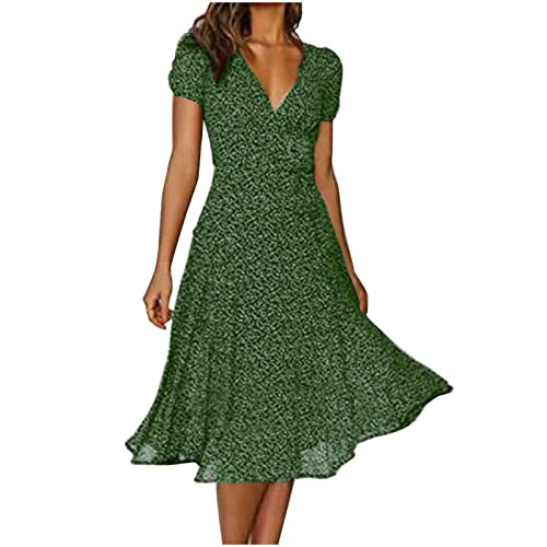 Damen Sommerkleid Lang Chiffon Kleider Knielang Midikleid A-Linie Kleid Blumen Boho Strandkleid Lässiges Kurzarm Blusenkleid V-Ausschnitt Elegant Partykleid Polka Dot Druck Freizeitkleid von EMATOP