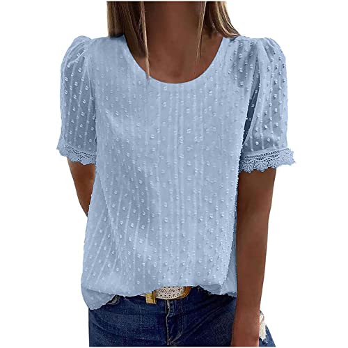 Damen Spitze Tshirt Basic Rundhals Kurzarm Tops Schlanke Passform Oberteile Sommer Einfarbig Tunika Shirts Elegant Baumwolle Bluse Longshirt Leicht Bequemes Sommershirts für Alltag von EMATOP