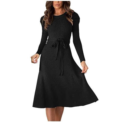 Damen Strickkleid Winter Langarm Pulloverkleider Knielang Elegant Wickelkleid Lässiges Einfarbig Winterkleid mit Gürtel Midikleid Warm A Linie Kleid Weich Bequem Rockabilly Kleider von EMATOP