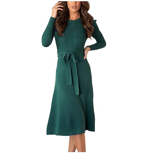 Damen Strickkleid Winter Langarm Pulloverkleider Knielang Elegant Wickelkleid Lässiges Einfarbig Winterkleid mit Gürtel Midikleid Warm A Linie Kleid Weich Bequem Rockabilly Kleider von EMATOP