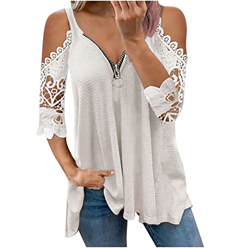 Damen T-Shirt Sommer Spitze Kurzarm Tops Sexy V-Ausschnitt Oberteil Elegant Schulterfrei Bluse Tunika Shirt mit Reißverschluss Blusenshirt Lässiges Einfarbig Sommershirt für Frauen von EMATOP