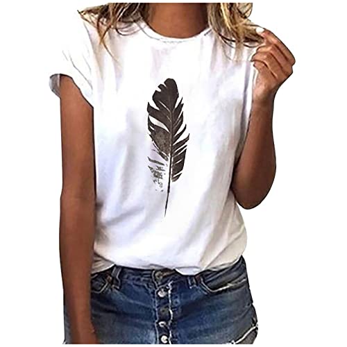 Damen Tshirt Sommer Casual Kurzarm Tops Weiß Rundhals Oberteile Freizeit Lose Tunika Shirt Baumwolle Einfarbig Bluse Sommershirts Feder Muster Sportshirt Longshirt 2024 von EMATOP