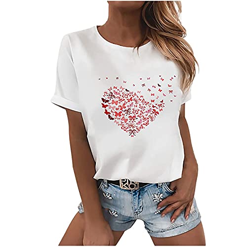 Damen Tshirt Sommer Casual Kurzarm Tops Weiß Rundhals Oberteile Freizeit Lose Tunika Shirt Baumwolle Einfarbig Bluse Sommershirts Feder Muster Sportshirt Longshirt 2024 von EMATOP