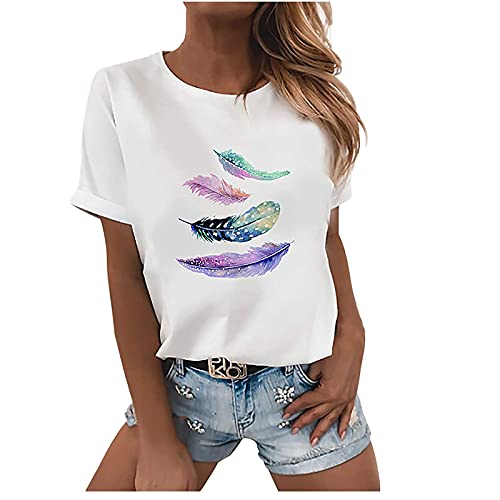 Damen Tshirt Sommer Casual Kurzarm Tops Weiß Rundhals Oberteile Freizeit Lose Tunika Shirt Baumwolle Einfarbig Bluse Sommershirts Feder Muster Sportshirt Longshirt Angebot des Tages Heute von EMATOP