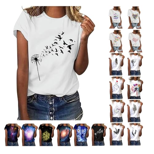 Damen Tshirt Sommer Casual Kurzarm Tops Weiß Rundhals Oberteile Freizeit Lose Tunika Shirt Baumwolle Einfarbig Bluse Sommershirts Feder Muster Sportshirt Longshirt Angebot des Tages blitzangebot von EMATOP