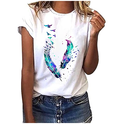 Damen Tshirt Sommer Tops Weiss Elegant Tunika Bluse Shirt Lockere Bequeme Sportshirt Rundhals Basic Kurzarm Shirt Baumwolle Oberteile Feder Muster Longshirt Teenager Mädchen Sommershirts von EMATOP