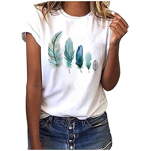 Damen Tshirt Sommer Tops Weiss Elegant Tunika Bluse Shirt Lockere Bequeme Sportshirt Rundhals Basic Kurzarm Shirt Baumwolle Oberteile Feder Muster Longshirt Teenager Mädchen Sommershirts von EMATOP