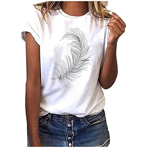 Damen Tshirt Sommer Tops Weiss Elegant Tunika Bluse Shirt Lockere Bequeme Sportshirt Rundhals Basic Kurzarm Shirt Baumwolle Oberteile Feder Muster Longshirt Teenager Mädchen Sommershirts von EMATOP