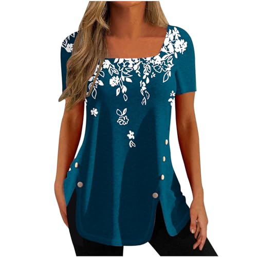Damen Tunika Shirt Locker Elegant Oberteile Lässiges Baumwolle Kurzarm Longshirt Lose Plissiert Tshirts Vintage Leicht Bluse Tops Neuartiger Druck Sommershirt mit Knopfleiste Longbluse von EMATOP