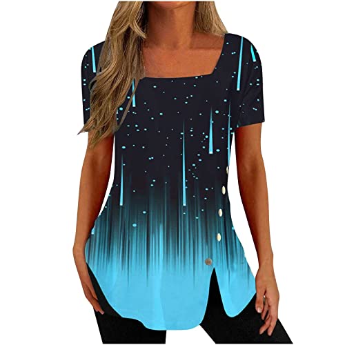 Damen Tunika Shirt Locker Elegant Oberteile Lässiges Baumwolle Kurzarm Longshirt Lose Plissiert Tshirts Vintage Leicht Bluse Tops Neuartiger Druck Sommershirt mit Knopfleiste Longbluse von EMATOP