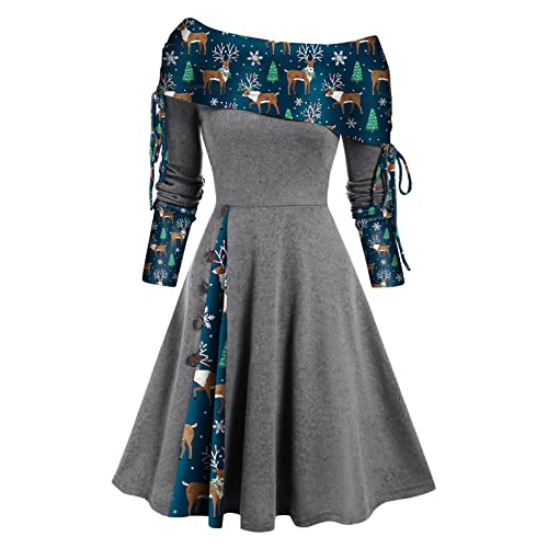 Damen Ugly Weihnachtskleid Lustig Rockabilly Kleid Ärmellos V-Ausschnitt Cocktailkleid Festival A-Linie Partykleid Schneeflocke Muster Abendkleid High Waist Baumwolle Petticoat Faltenrock von EMATOP