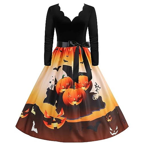 Damen Vintage 1950er Partykleid Langarm Rockabilly Kleid Halloween Kostüm Elegant Gothic Mittelalter Kleid High Waist A-Linie Abendkleid Neuartige Druck Cocktailkleid Knielang Faltenrock von EMATOP