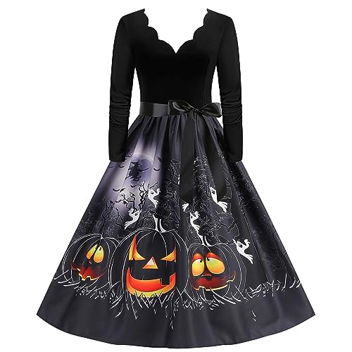 Damen Vintage 1950er Partykleid Langarm Rockabilly Kleid Halloween Kostüm Elegant Gothic Mittelalter Kleid High Waist A-Linie Abendkleid Neuartige Druck Cocktailkleid Knielang Faltenrock von EMATOP