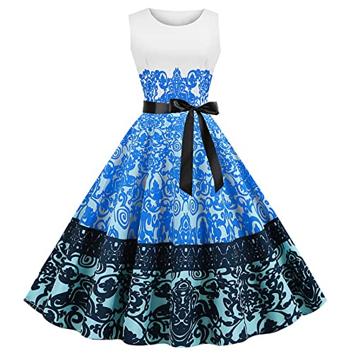 Damen Vintage Rundhalsausschnitt ärmellosen Blumen Bestickt knielangen Cocktailkleid Elegant Hohe Taille Abendkleid 1950er Retro Partykleid Swing A-Line Ballkleid Blumendruck Sommerkleid von EMATOP