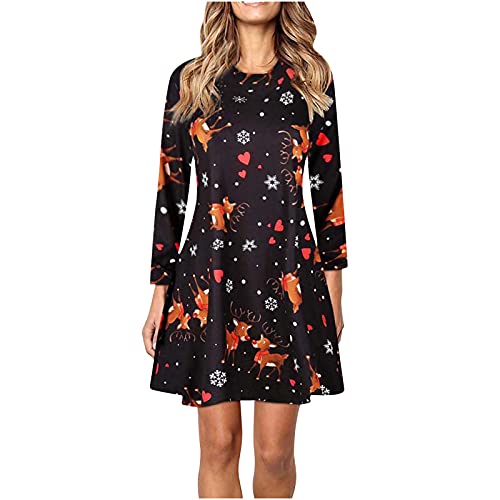 Damen Weihnachten Kleid Elegant Minikleid Casual Rundhals Shortkleid Vintage Langarm Partykleid mit Elch Weihnachtsmuster Cocktailkleid Knielang Shirtkleid Swing A-Linie Weihnachtskleid von EMATOP