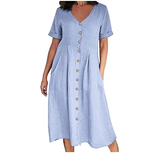 Deals of The Day T-Shirt Kleid Damen Leinen Kurzarm Sommerkleid Casual Baumwolle Strandkleid Knielanges Midikleid Elegant V-Ausschnitt Freizeitkleid Große Größen Urlaubskleid von EMATOP