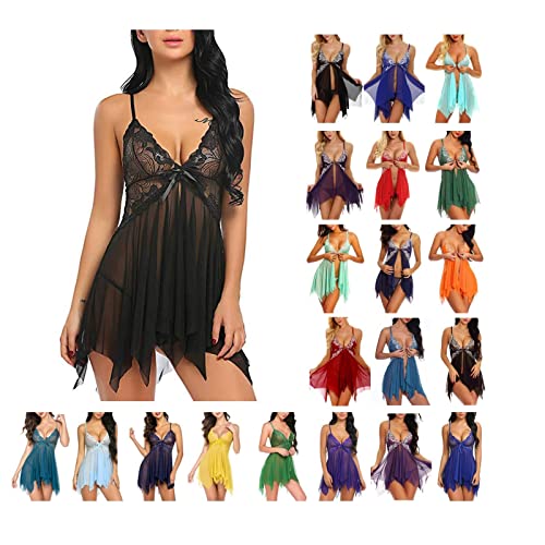 Dessous Damen Sexy Unterwäsche Spitze Negligee Tiefer V-Ausschnitt Nachtkleid Erotische Lingerie Kurz Spaghetti Träger Nachtwäsche Erotik Reizwäsche Vorne Offen Nachtwäsche Unterkleid von EMATOP