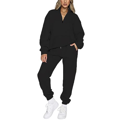 EMATOP 2 Teiler Damen Elegant Baumwolle Jogginganzug Casual Langarm Trainingsanzüge Mode Stehkragen Sweatshirt Lang Sporthose Tracksuit Baggy Einfarbig Sportswear mit Taschen Freizeitanzug von EMATOP