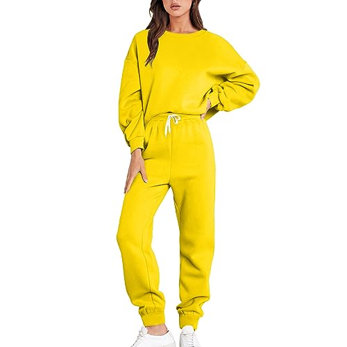 EMATOP 2 Teilig Sportanzug Damen Winter Trainingsanzug Lässiges Langarm Sweatshirt+Jogginghose Freizeitanzug Lose Bequem Jogginganzug Einfarbig Sport Yoga Outfits Baumwolle Leicht Sportswear von EMATOP