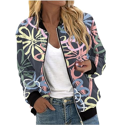 EMATOP 2023 Bomberjacke Damen Kurz College Jacke Leichte Langarm Fliegerjacke Lässig Baggy Sportjacke Herbst Winter Dünn Übergangsjacke Bunte Vintage Drucke Freizeitjacke Frauen Outwear Mantel von EMATOP