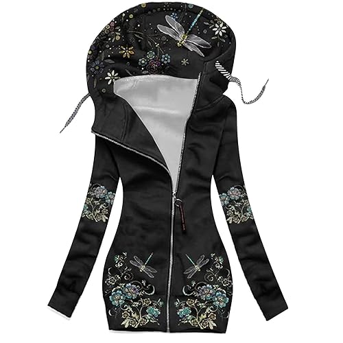 EMATOP 2023 Kapuzenjacke Damen Warm Lang Sweatjacke Elegante Baumwolle Sweatshirt mit Kapuze Langarm Jacke Vintage Neuartige Drucke Hoodies Full Zip Fleecejacke Herbst Winter übergangsjacke von EMATOP