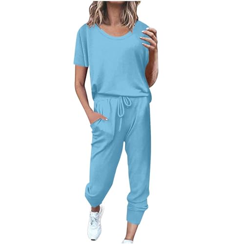 EMATOP Sportanzug Damen Sommer Kurzarm Tracksuit Casual Baumwolle Trainingsanzug 2 Teilig Einfarbig Jogginganzug Lose T-Shirt Top und Hose Freizeitanzug mit Taschen Sportswear für Running Yoga von EMATOP