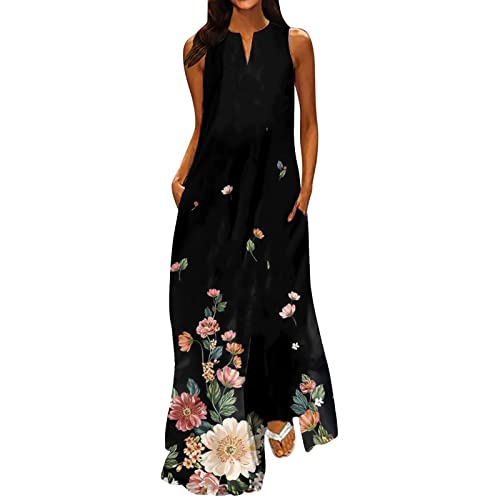 EMATOP 2024 Strandkleid Damen Sommer Maxikleid mit Taschen Lange Kleid Ärmellos Elegant Blusenkleid Lässig Baumwolle Sommerkleid Vintage Blumen Shirtkleid Lang Schlitz Cocktail Partykleid von EMATOP