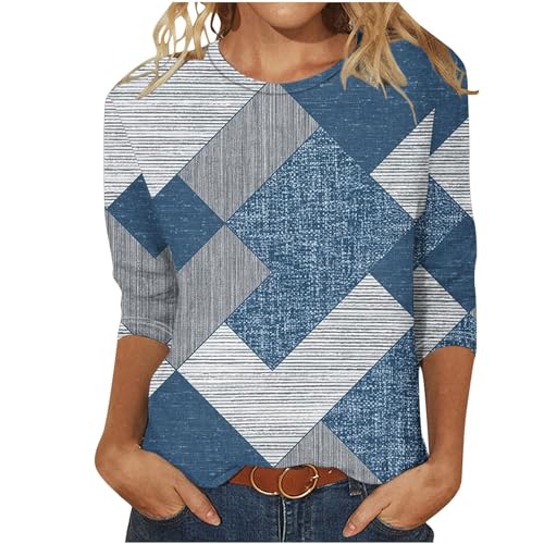 EMATOP 3/4 Ärmel Tunika Tops Damen Sommer Sport Oberteile Leicht Baumwolle Bluse Longshirt Schön Blumen Aufdruck Sommershirts Basic Rundhals Blusenshirt Casual Oberteil Tshirt Mode Pulli Jumper von EMATOP