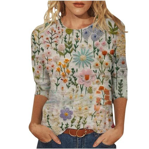 EMATOP 3/4 Arm Bluse Damen Elegante Baumwolle Sommershirts Leichte Sport Blusenshirt Freizeit Lose Tunika Tshirts Blumen 3D Druck Longshirt Vintage Rundhals Oberteile befristetes Angebot Heute von EMATOP