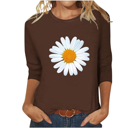 EMATOP 3/4 Arm Shirt Damen Elegant Tunika Tshirt Sommer Rundhals Oberteile Baumwolle Casual Bluse Tops Leicht Sport Longshirt Blumen Muster Sommershirts Gemütlich Sportshirt Prime Angebote von EMATOP