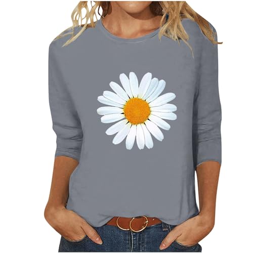 EMATOP 3/4 Arm Shirt Damen Elegant Tunika Tshirt Sommer Rundhals Oberteile Baumwolle Casual Bluse Tops Leicht Sport Longshirt Blumen Muster Sommershirts Gemütlich Sportshirt Prime Angebote von EMATOP