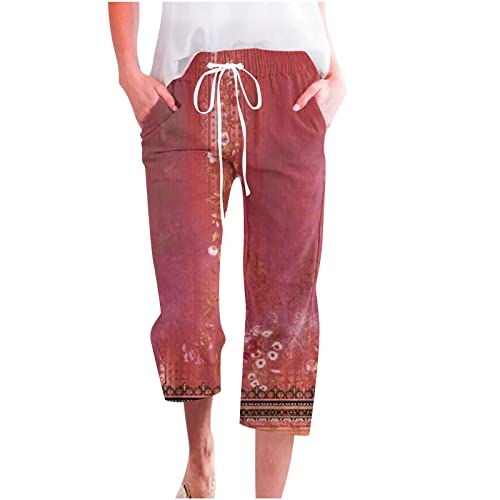 EMATOP 3/4 Hose Damen Sommer Leinenhose Leicht Luftige Stoffhose Leinen Baumwolle Freizeithose Vintage Blumen Druck Sommerhose mit Taschen Strandhose High Waist Sporthose Elegant Jogginghose von EMATOP