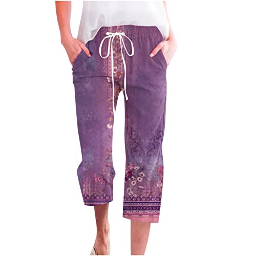 EMATOP 3/4 Hose Damen Sommer Leinenhose Leicht Luftige Stoffhose Leinen Baumwolle Freizeithose Vintage Blumen Druck Sommerhose mit Taschen Strandhose High Waist Sporthose Elegant Jogginghose von EMATOP