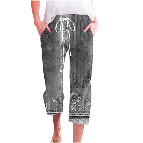 EMATOP 3/4 Hose Damen Sommer Leinenhose Leicht Luftige Stoffhose Leinen Baumwolle Freizeithose Vintage Blumen Druck Sommerhose mit Taschen Strandhose High Waist Sporthose Elegant Jogginghose von EMATOP