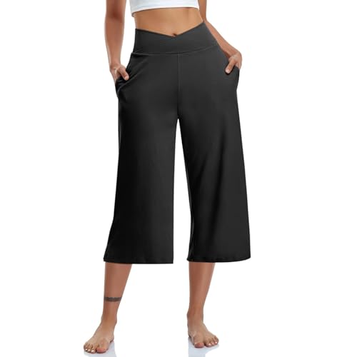 EMATOP 3/4 Leicht Sommerhose Damen Knielang Kurze Hosen Hohe Taille Yogahose Einfarbig Luftig Jogginghose Elegant Weites Bein Hosen mit Taschen Caprihose Elastische Taille Sporthose Strandhose von EMATOP