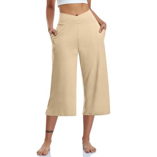 EMATOP 3/4 Leicht Sommerhose Damen Knielang Kurze Hosen Hohe Taille Yogahose Einfarbig Luftig Jogginghose Elegant Weites Bein Hosen mit Taschen Caprihose Elastische Taille Sporthose Strandhose von EMATOP