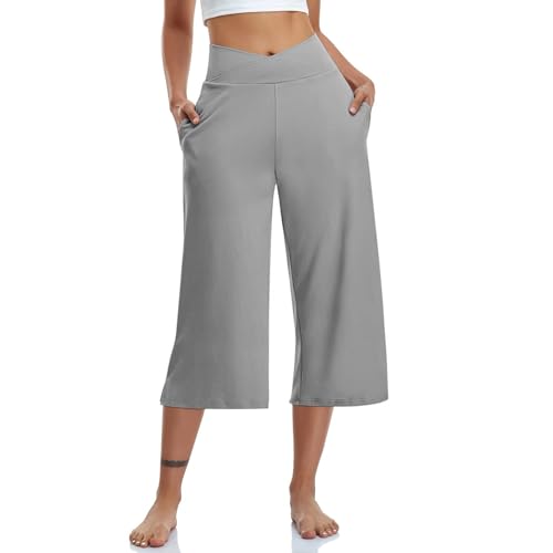 EMATOP 3/4 Leicht Sommerhose Damen Knielang Kurze Hosen Hohe Taille Yogahose Einfarbig Luftig Jogginghose Elegant Weites Bein Hosen mit Taschen Caprihose Elastische Taille Sporthose Strandhose von EMATOP