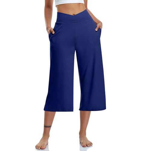 EMATOP 3/4 Leicht Sommerhose Damen Knielang Kurze Hosen Hohe Taille Yogahose Einfarbig Luftig Jogginghose Elegant Weites Bein Hosen mit Taschen Caprihose Elastische Taille Sporthose Strandhose von EMATOP