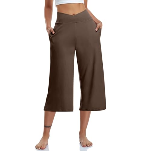 EMATOP 3/4 Leicht Sommerhose Damen Knielang Kurze Hosen Hohe Taille Yogahose Einfarbig Luftig Jogginghose Elegant Weites Bein Hosen mit Taschen Caprihose Elastische Taille Sporthose Strandhose von EMATOP