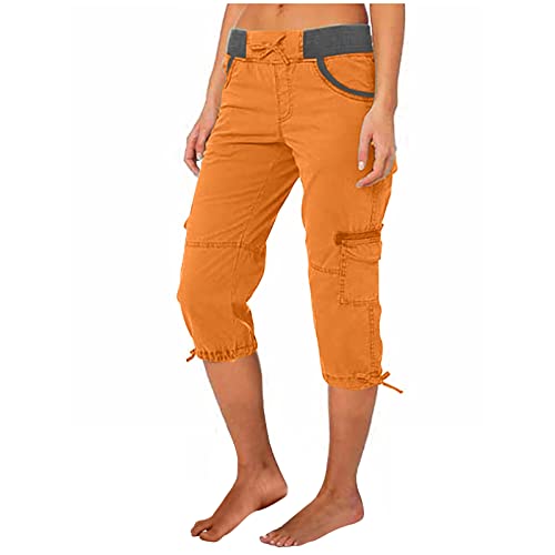 EMATOP 3/4 Sporthose Damen Sommer Cargohosen Einfarbig Regular Fit Freizeithose Hohe Taille Vintage Caprihose Jogginghose mit Taschen Arbeitshose Kurze Sommerhosen Pumphose Stoffhose von EMATOP