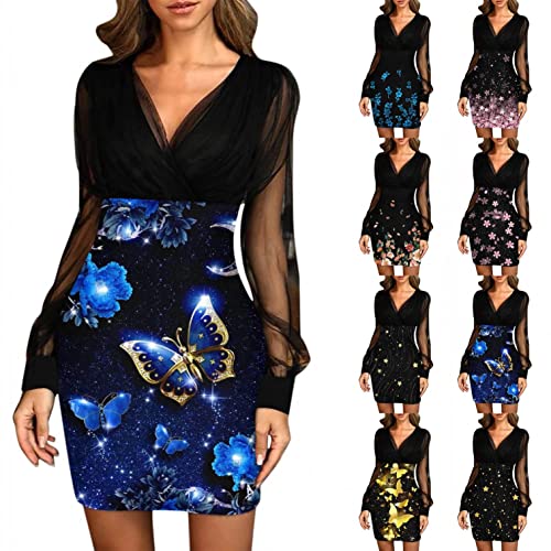 EMATOP Abendkleid Damen Spitzenkleid mit Glitzer Kleid Partykleid Elegant Vintage Tunika Tüllkleid V-Ausschnitt Sexy Langarm Ballkleid Minikleid Knielang Paillettenkleid Schmetterling Kleider von EMATOP