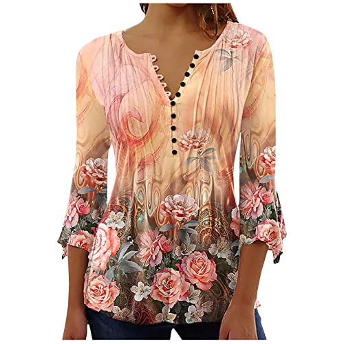 EMATOP Amazon Warehouse Deals Angebote Longshirt Damen Elegant V-Ausschnitt Tunika Shirt Lässige 3/4 Ärmel Oberteile Vintage Baumwolle Bluse Tops Schön Blumen Druck Sommershirts Plissiert T-Shirt von EMATOP