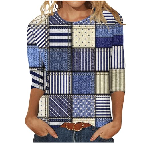 EMATOP Angebot des Tages Heute Damen Bluse Lässige 3/4 Ärmel Tshirt Elegant Baumwolle Tunika Tops Locker Rundhals Sommershirts Bunt Streifen Longshirt Vintage Sport Longbluse Oberteile von EMATOP