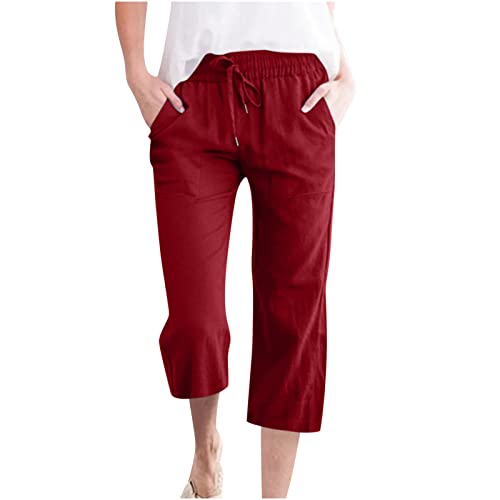 EMATOP Angebot des Tages Heute Leinenhose Damen Sommer Leicht 3/4 Hose Elegant Einfarbig Yogahose Baumwolle Leinen Stoffhose Lässig Weites Hosen mit Taschen Jogginghose Bequem Strandhose Caprihose von EMATOP