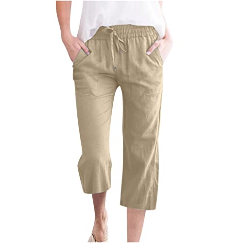 EMATOP Sommer 3/4 Hose Damen Leinen Baumwolle Stoffhose Leicht Atmungsaktiv Yogahose Einfarbig Lässig Leinenhose Weites Bein Hosen mit Taschen Sommerhose Weich Bequem Sporthose für Frauen von EMATOP